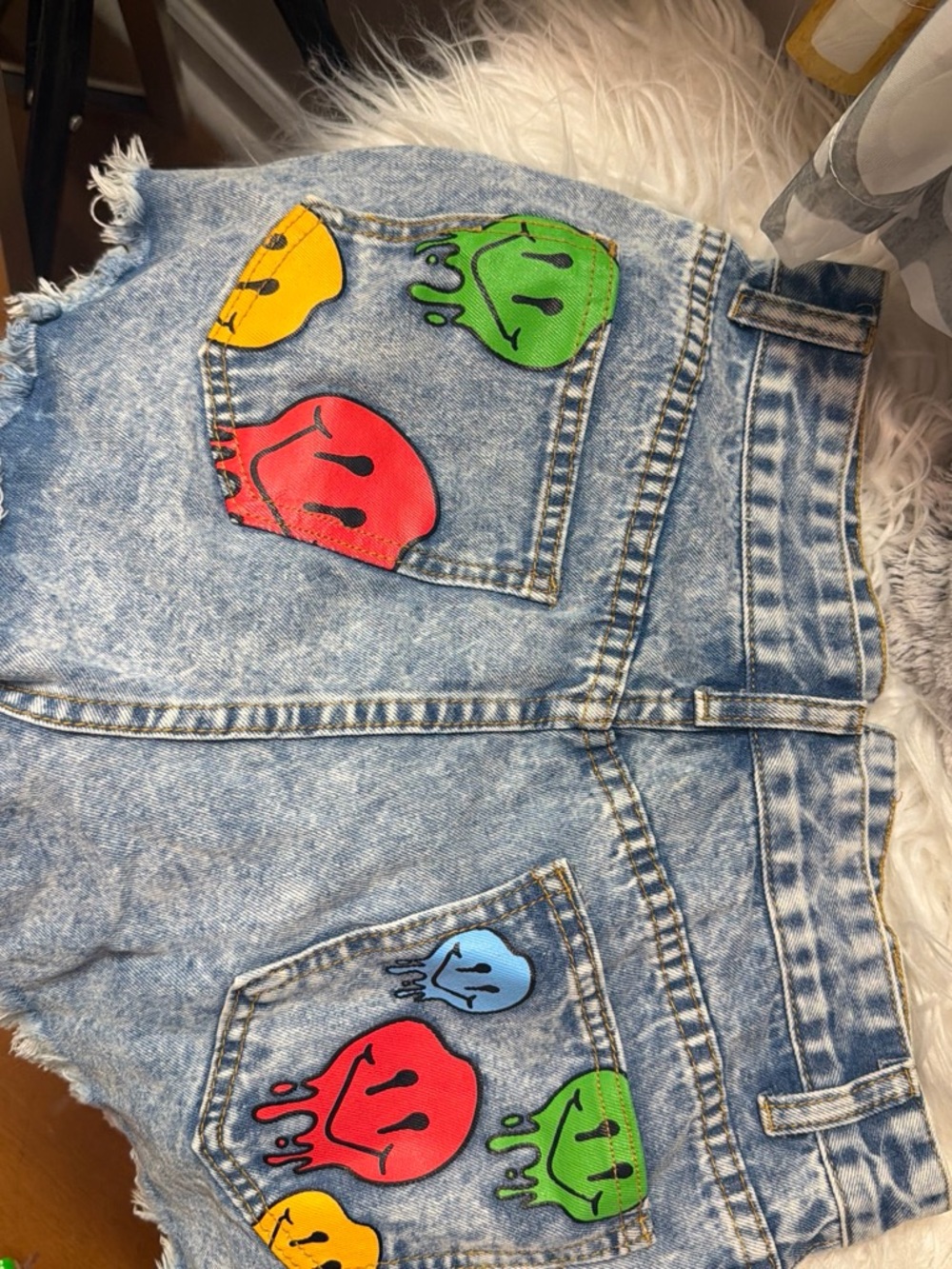 SHEIN Acid-Wash Denim Shorts with Multicolor Drip Smiley Patches